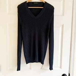 Zanone Mens Navy Blue Ribbed V Neck Long Sleeve Cotton Sweater Size 50 Italy